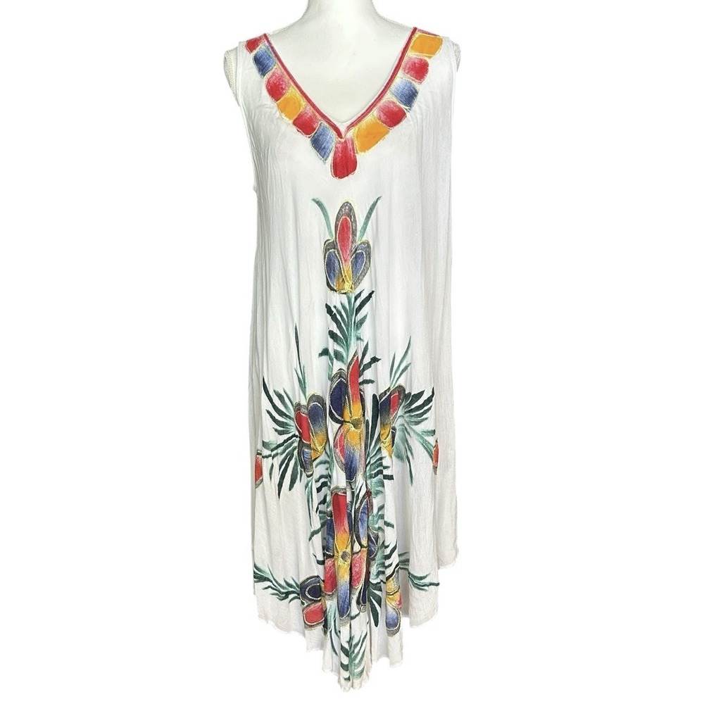 White Floral Dress Cover Up OS Tropical Resortwear Hand Painted Embroidered NWT - Picture 2 of 11